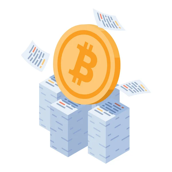 Flat Isometric Bitcoin Sur Pile Documents Fiscaux Bitcoin Taxe Concept — Image vectorielle