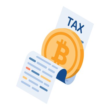 Vergi Belgesi ile 3D Isometric Bitcoin. Bitcoin ve Şifreleme Vergisi Kavramı