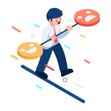 Sabit 3D Isometric İşadamı Mutlu ve Üzgün Duygular Dengesi. Duygusal Denge ve Ruh Sağlığı Konsepti.