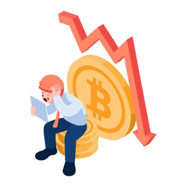 Flat 3D Isometric Bitcoin Grafiği Düşen İşadamı Şok Etti. Bitcoin ve Kripto Piyasaları Çökme Kavramı.