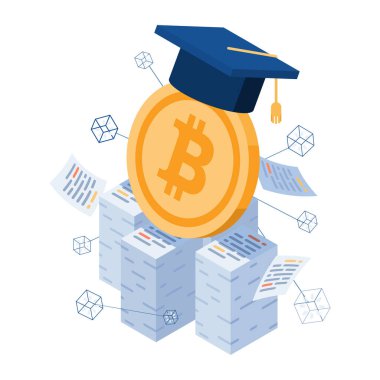 Düz 3D Isometric Bitcoin ve Kağıtlar Yığını üzerine Mezuniyet Kaptanı. Bitcoin Eğitim ve Kripto Para Birimi Kavramının Nasıl Ticaretleneceğini Öğrenin.