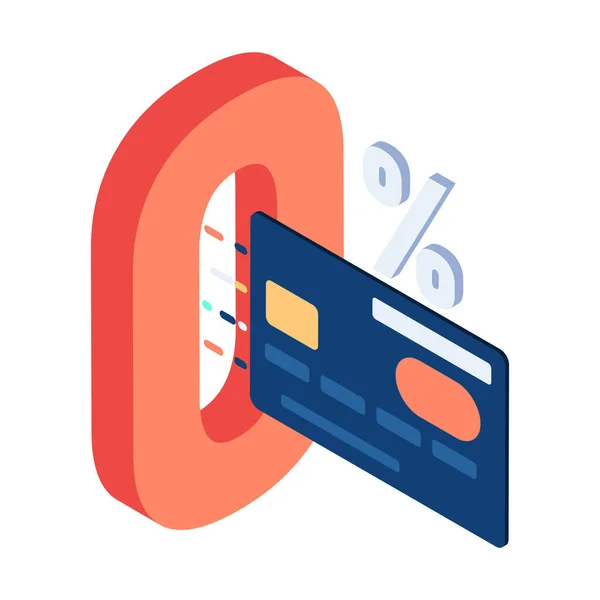 Flat Isometrische Credit Card Met Nul Procent Rente Concept Van — Stockvector