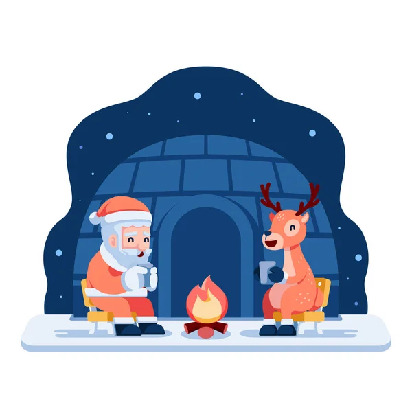 산타클로스 라이노가 캠프파이어 근처에서 마시고 크리스마스와 새해의 — 스톡 벡터