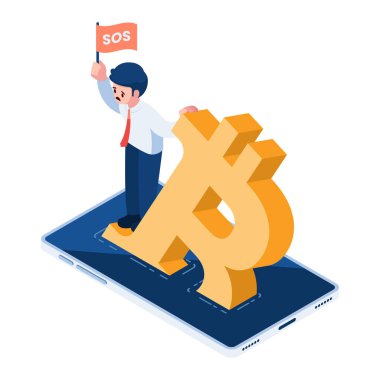 Batan Bitcoin 'in üzerinde duran 3D Isometric İşadamı. Bitcoin ve Kripto Para Birimi Piyasa Çöküşü Konsepti.