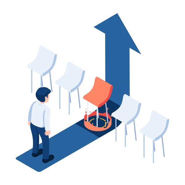 平面3D等距商人与选择的椅子上升箭头 招聘及职位晋升概念 — 图库矢量图片