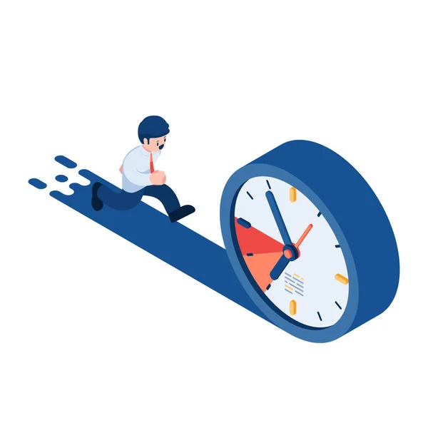 平面3D等距商人跑跟随时钟 截止日期和时间管理概念 — 图库矢量图片