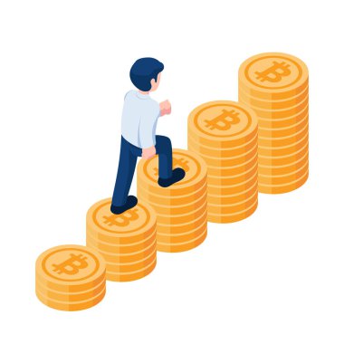 Daire 3D Isometric İşadamı Bitcoin Satck 'in üzerinde yürüyor. Bitcoin ve Kripto Para Birimi Yatırım Kavramı. 