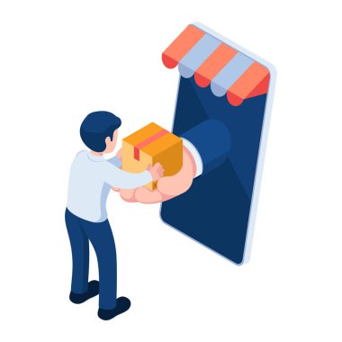Daire 3D Isometric Adam Akıllı Telefon aracılığıyla Teslimat Servisi 'nden paket alıyor. Çevrimiçi Alışveriş ve Teslimat İzleme Servisi Kavramı.