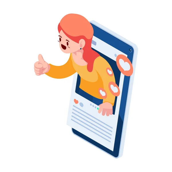Flat Isomtric Woman Showing Thumbs Sign Social Media Application Influencer — Vector de stock