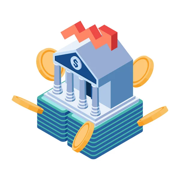 平面3D等距银行大楼在金钱和硬币堆 储蓄和金融概念 — 图库矢量图片
