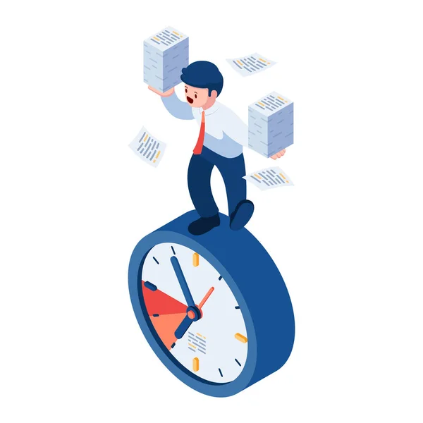 Flat Isometrische Zakenman Balancing Met Stack Paperwork Clock Tijdmanagement Deadline — Stockvector