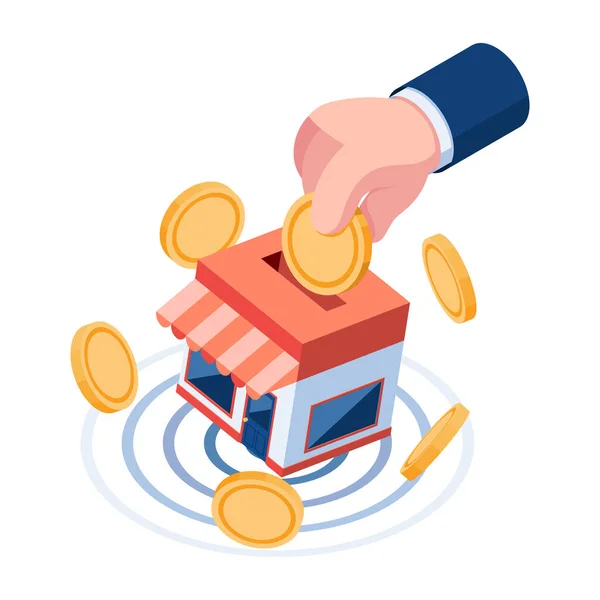 Flat Isometric Businessman Hand Saving Money Store Small Business Investment — Stock Vector