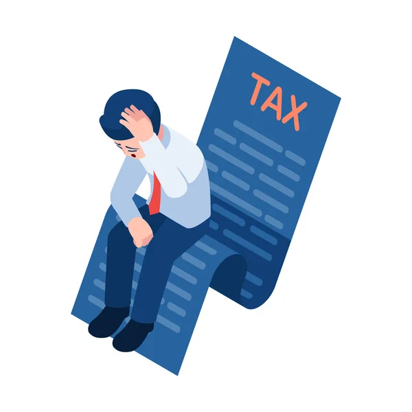 フラット3Dアイソメトリックうつ病ビジネスマン税務書類に座っている 納税概念 — ストックベクタ