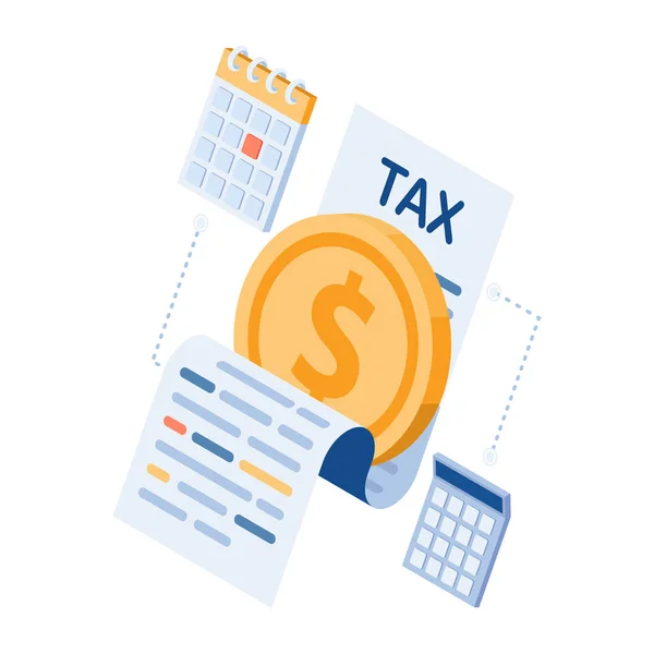 カレンダーと計算機付きの税務書類上のフラット3D等価ドルコイン 納税概念 — ストックベクタ