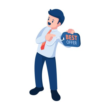 Flat 3d Isometric İşadamı kendini Price Tag ile tanıtıyor. Kendini pazarla ve tanıt..