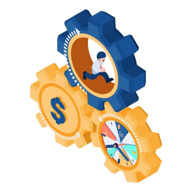 Daire 3D Isometric İşadamı Zaman ve Para İçi Gears Sürücüsü. Zaman Para ve Mali Yönetim Konseptidir.