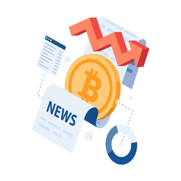 Piso Isométrico Bitcoin Con Periódico Datos Bitcoin Noticias Criptomoneda Concepto — Vector de stock