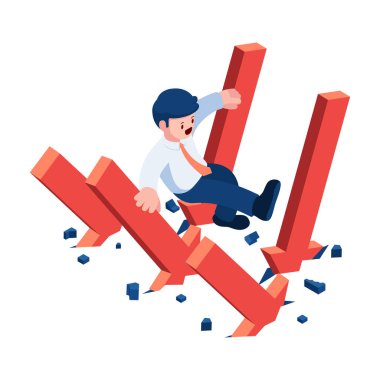 3D Düz Isometric Kaçan Düşen Finansal Grafik. Mali Kriz Yönetimi ve İş Yaşamı Konsepti.