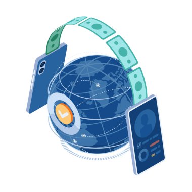 Flat 3d Isometric Smartphone Dünya Üzerinden Para Gönderme ve Alma. Para Aktarımı ve Çevrimiçi Bankacılık Konsepti.