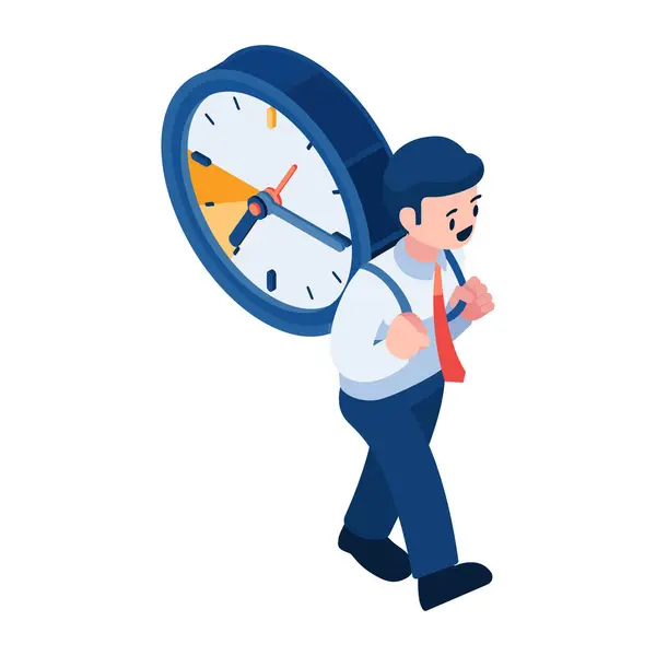 Плоский Изометрический Бизнесмен Несущий Часы Идущий Вперед Концепция Управления Временем — стоковый вектор