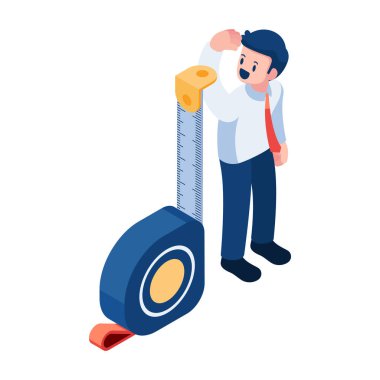 Düz 3D Isometric İşadamı Ölçüm Bantla Kendini Ölçer. Kişisel Değerlendirme Kavramı.