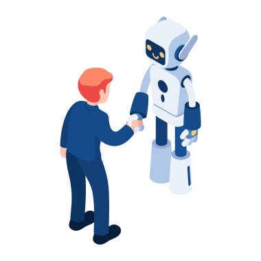 Ai Robot ile Tokalaşan 3 boyutlu Isometric İşadamı. Yapay Zeka Teknolojisi Konsepti.