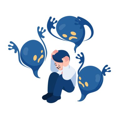 Ürkütücü Ruh ya da Canavar 'ı olan 3D Isometric İşadamı. Depresyon ve Akıl Sağlığı Konsepti.