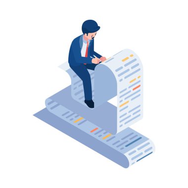 Daire 3D Isometric İşadamı Belge Üzerine Yazıyor. Evraklar ve Ghostwriter Kavramı. 