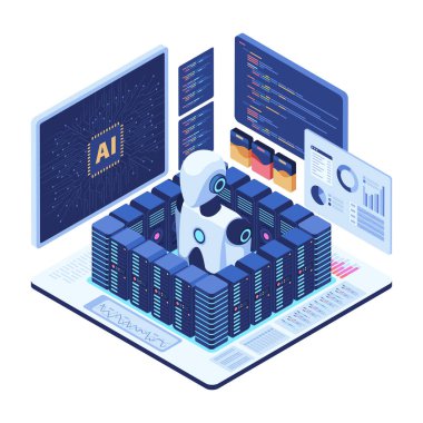 Düz 3D Isometric Ai Robot, Veri Analizleriyle Sunucu Odasında. AI Veri Merkezi Otomasyon Kavramı