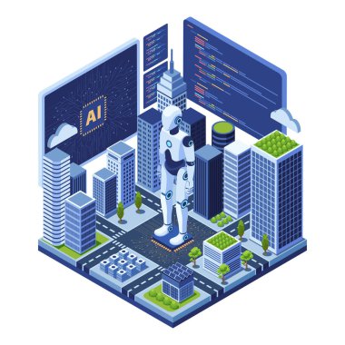 Yapay zeka tarafından desteklenen Isometric Smart City. Akıllı Şehir Konseptinde Yapay Zeka ve Robotbilim