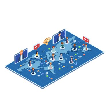 Isometric Business Team internet ağı üzerinden toplantı yapıyor. Küresel Uzak Takım İşbirliği Konsepti