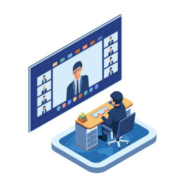 Isometric Uzaktan İş Toplantısı Ekibiyle. Uzaktan Çalışma ve Telekonferans Konsepti.