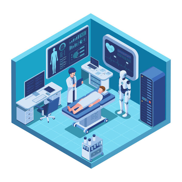Изометрический доктор осматривает пациента с диагнозом Ай и роботом. Концепция диагностики и здравоохранения Ай