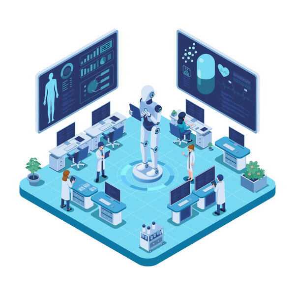 Isometric AI Robot Assisting Team of Medical Professionals In Lab. AI Diagnostics and AI-Powered Pharmaceutical Development
