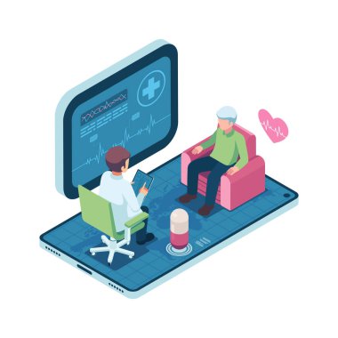 Teletıp aracılığıyla Isometric Doktor Muayene Hastası. Teletıp ve TeleHealth Kavramı