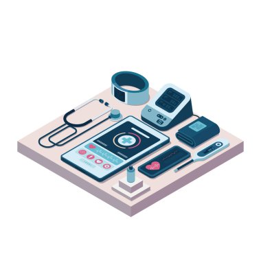Isometric Teletıp Ekipmanı arasında Smartphone, Smartwatch, Stethoscope ve Dijital Sağlık İzleyici, Teletıp ve Uzaktan Sağlık Teknolojisi Konsepti yer alıyor.
