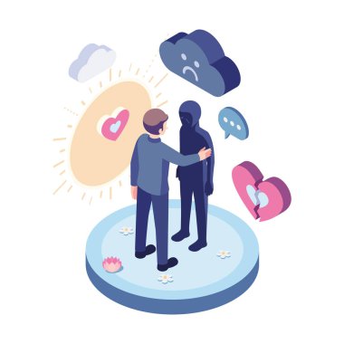 Isometric Depresyon Farkındalığı İş Adamı Başka Bir Kişi Kucaklıyor. Depresyon Bilinci ve Zihinsel Sağlık Konsepti