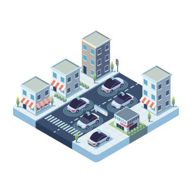 Smart City 'deki Isometric Otonom Araçlar ya da Gelişmiş Sensörlü Otomobiller. Özerk Araçlar Konsepti