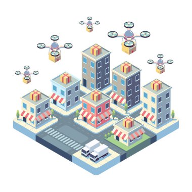 Isometric Drone 'lar Şehir Çevresindeki Paketleri Teslim Ediyor. Lojistik ve Ulaşım Konsepti