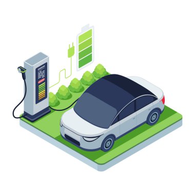 İstasyonda şarj edilen Isometric Elektrikli Araç, şarj işlemini belirten bir Batarya Simgesi ile. Elektrikli Araç Teknolojisi Konsepti