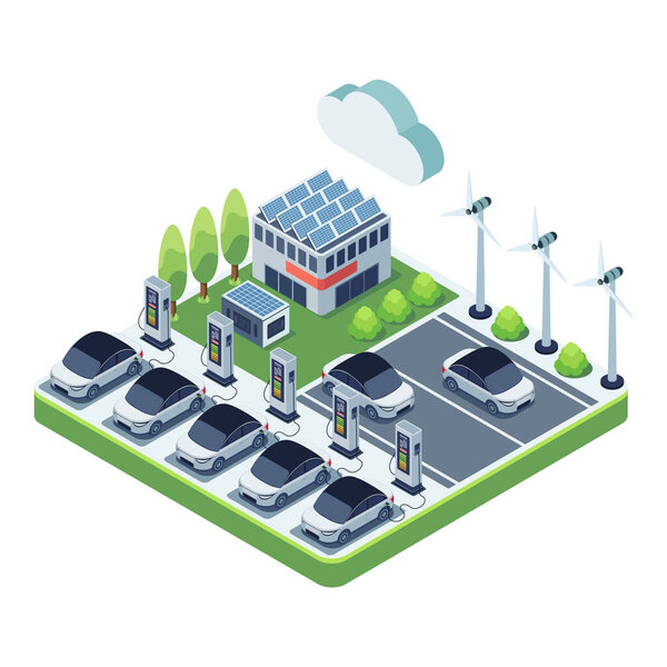 Изометрические электромобили на электровозозарядной станции и инфраструктуре. Концепция инфраструктуры зарядки электрических транспортных средств