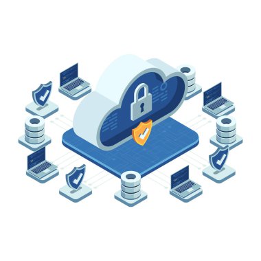 Veri koruma elementleriyle Isometric Cloud Security Concept. Bulut Güvenlik Konsepti