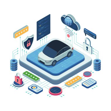 Siber güvenlik özellikleri ve dijital sistemi olan Isometric Car. Otomotiv Siber Güvenlik Konsepti