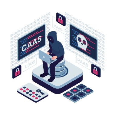 Isometric Cybercrime as a Service CaaS with Hacker and Threats. Cybercrime as a Service CaaS Concept clipart