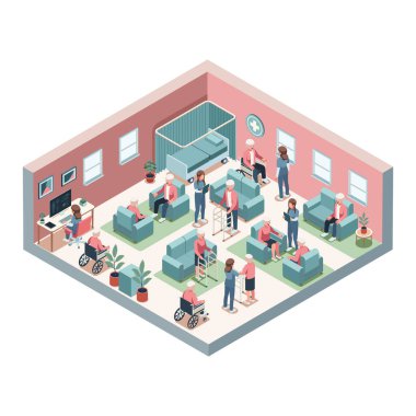 Yaşlılara yardım eden bakıcılarla Isometric Huzurevi. Yaşlı Bakımı Konsepti