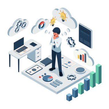 Isometric Girişimci İş Stratejileri ve Finansal Verileri Analiz Ediyor. Girişimci Zihniyeti