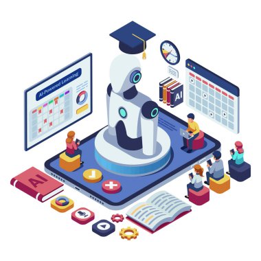 Isometric Öğrenciler El-Güç Öğrenme Platformu ile etkileşim halindeler. Yapay Zeka Güçlendirilmiş Öğrenme ve E-Öğrenme Kavramı