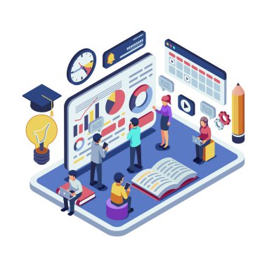 Isometric Öğrencileri İşbirlikçi Öğrenim ve Proje Paylaşımı İçin Beyin Fırtınası Yapıyor. Ortak Öğrenme Konsepti