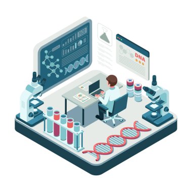 DNA Araştırma ve Analizi ile Biyoteknoloji Laboratuvarı 'nda Isometric Scientist. Biyoteknoloji Konsepti