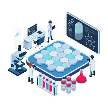 Uyuşturucu Keşfi Laboratuvarında Gelişmiş Ekipmanlarla Isometric Bilim Adamları. Uyuşturucu Keşfi ve İlaç Araştırmaları Konsepti